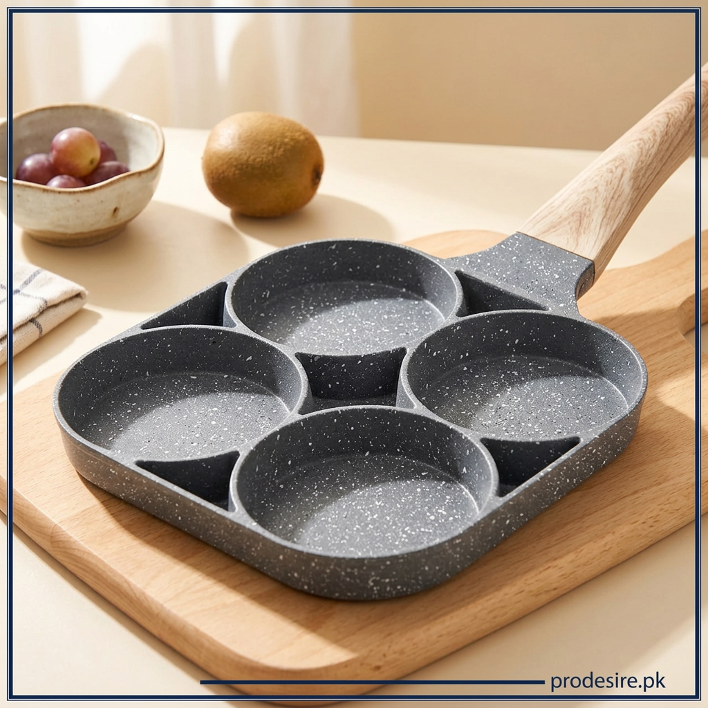 Close-up of four round cooking wells and grey speckled finish on PRODESIRE frying pan