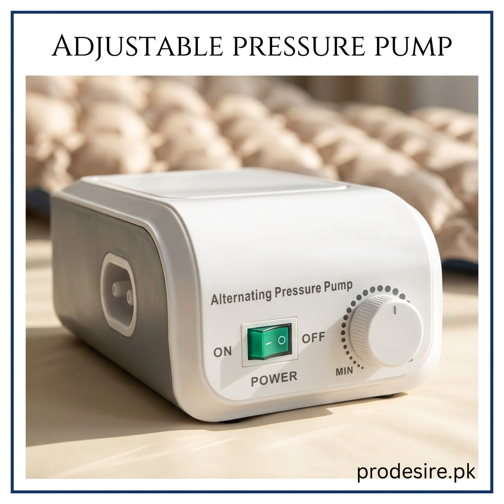 Close-up of air mattress pressure pump with green power switch and adjustable dial