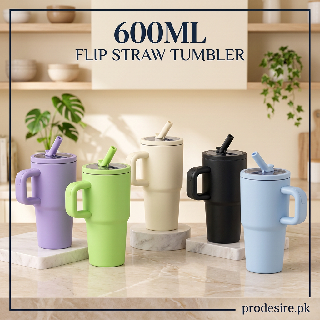 Five solid colour 600ML flip straw tumblers with chunky side handles