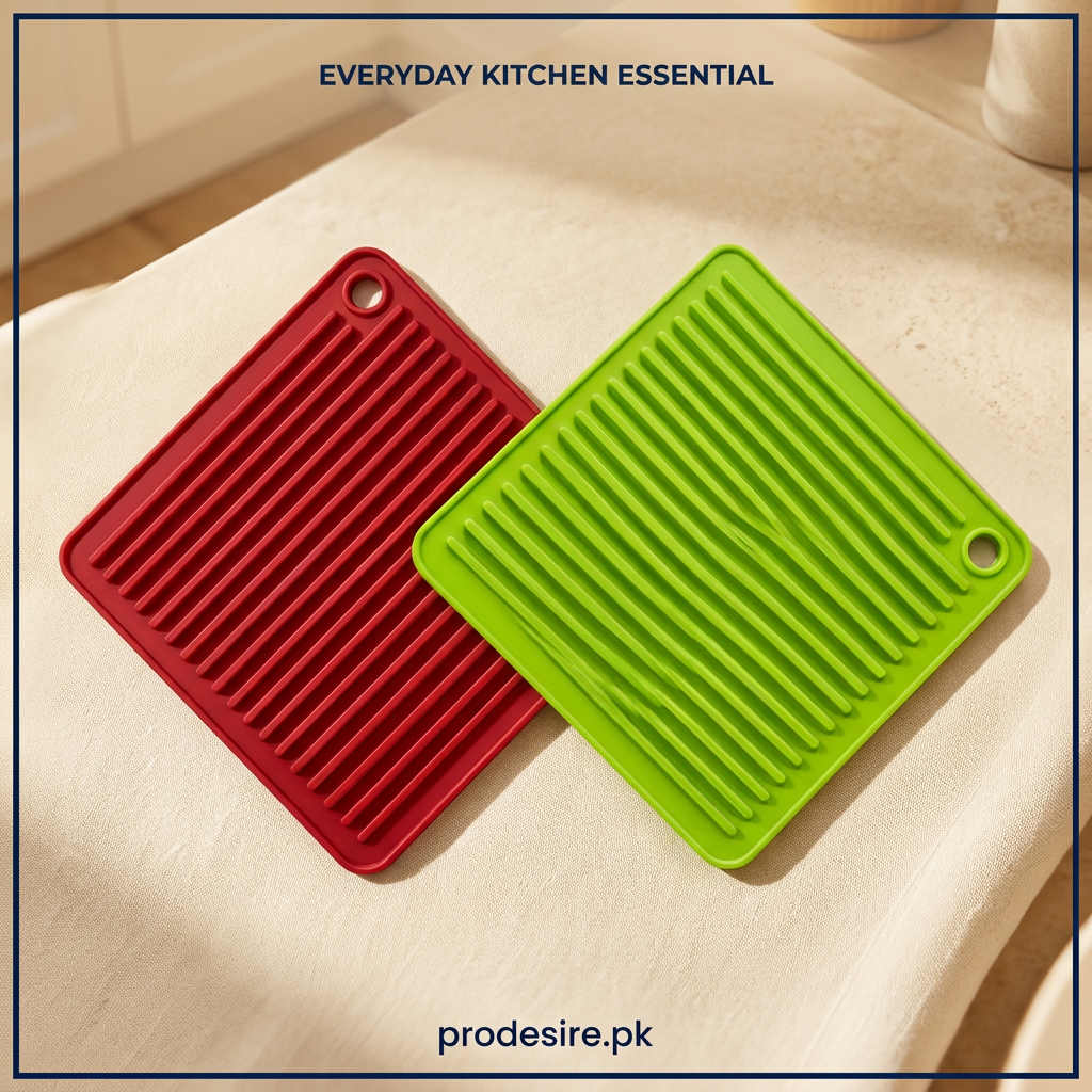 Overhead view of square red and green PRODESIRE silicone trivet mats