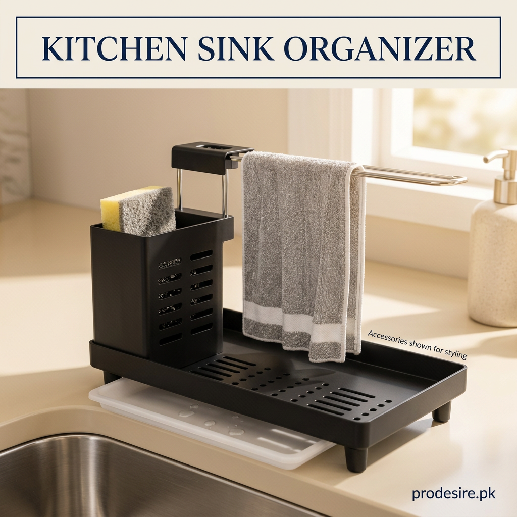 PRODESIRE black kitchen sink organizer with brush cup, towel rail and removable drip tray