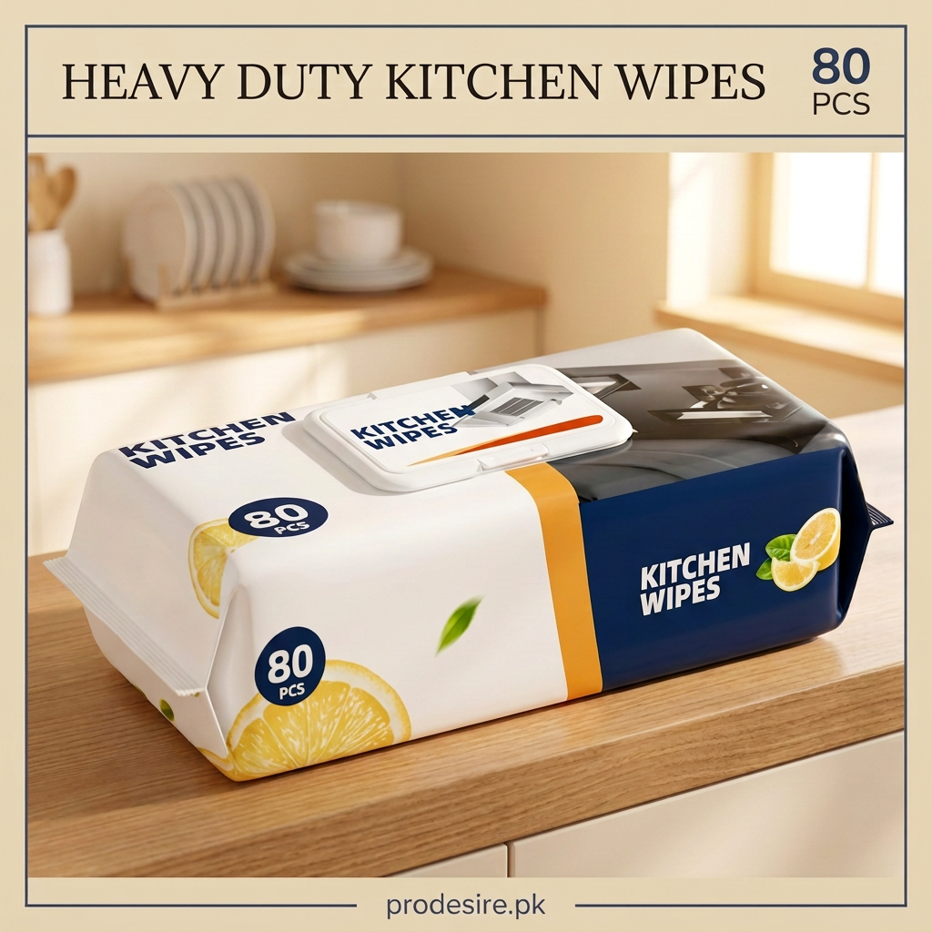 Heavy duty kitchen wipes main picture with 80 PCS label in a warm cream kitchen