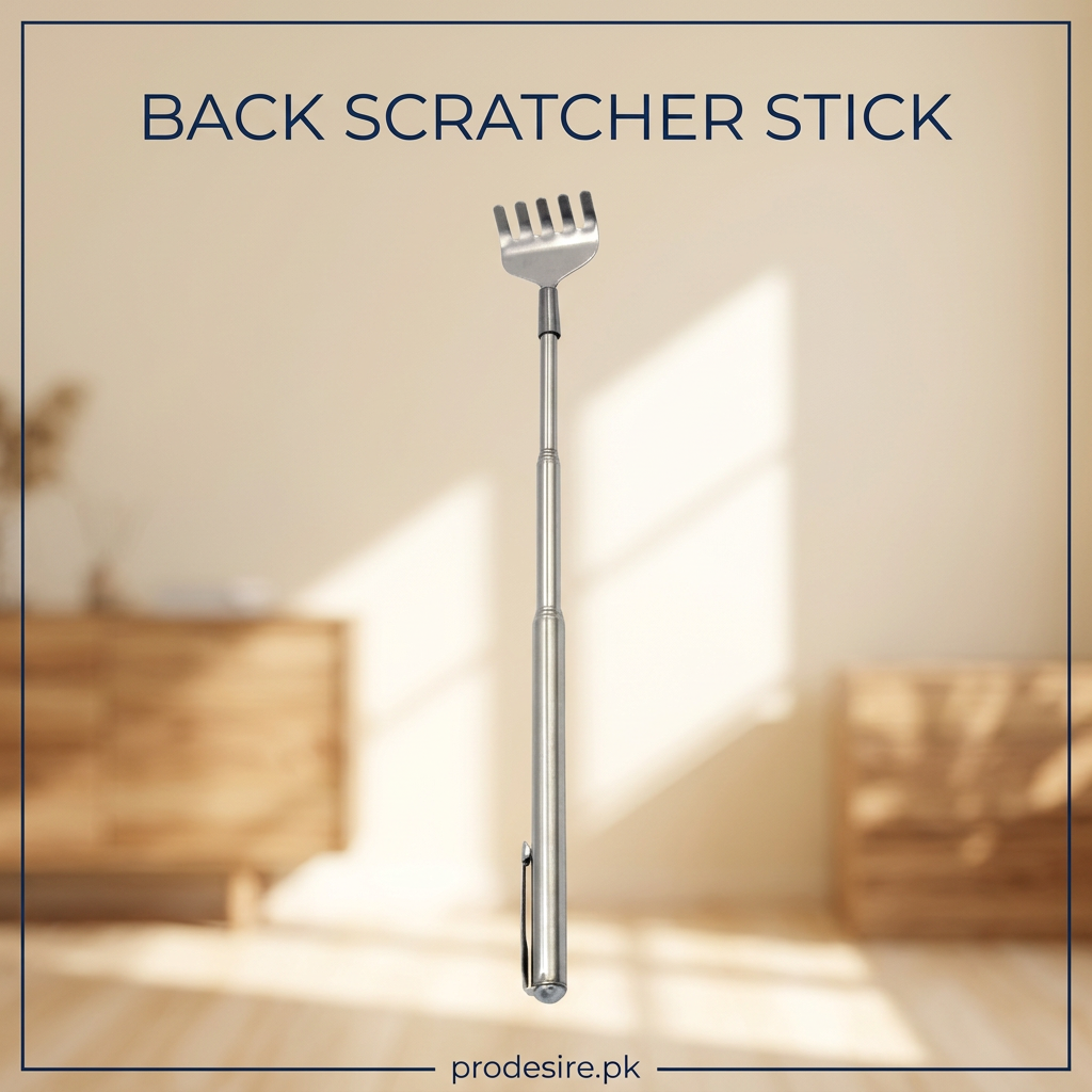 PRODESIRE extendable stainless steel back scratcher stick with five-claw head and pocket clip, shown extended