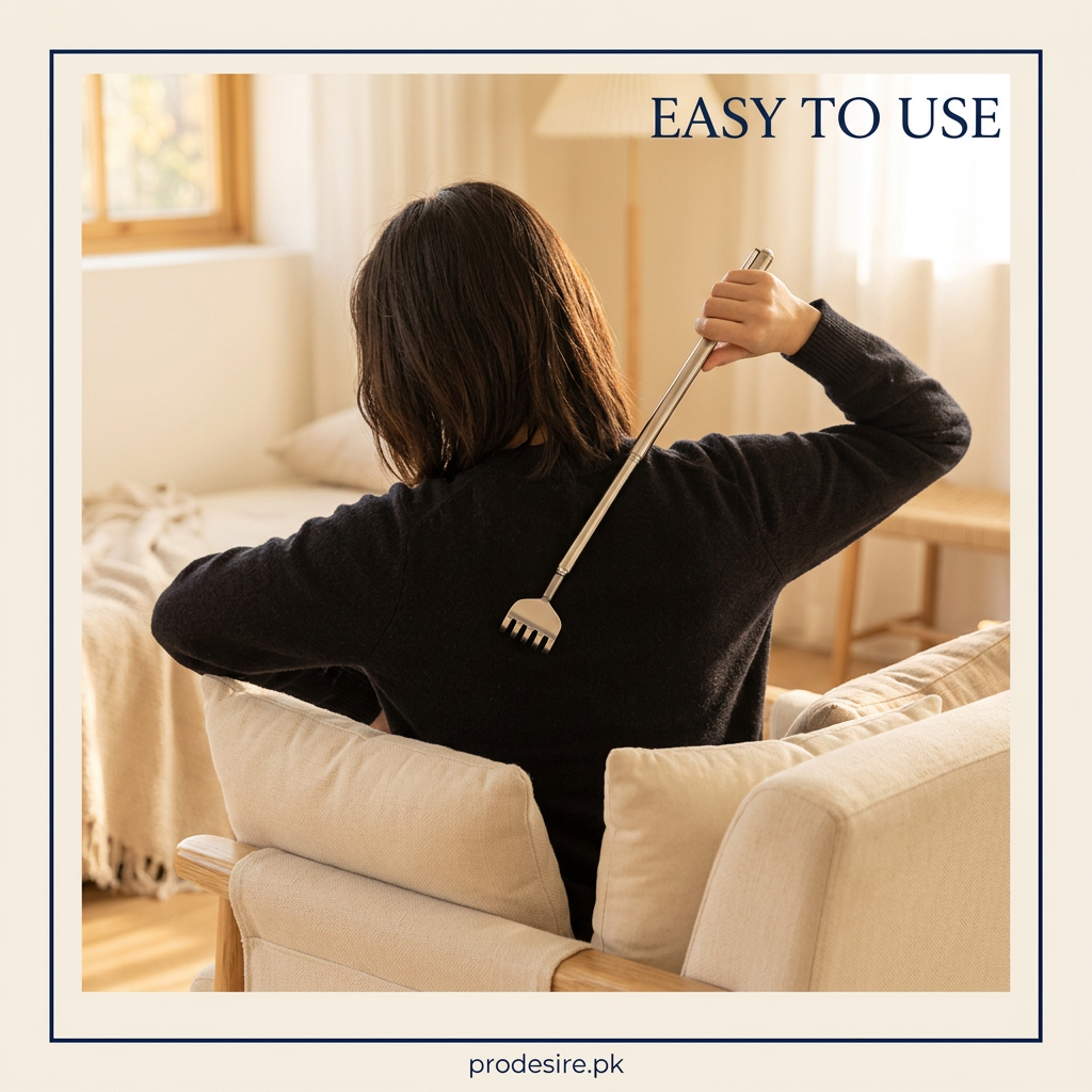 Person using the PRODESIRE extendable back scratcher stick to scratch their back at home