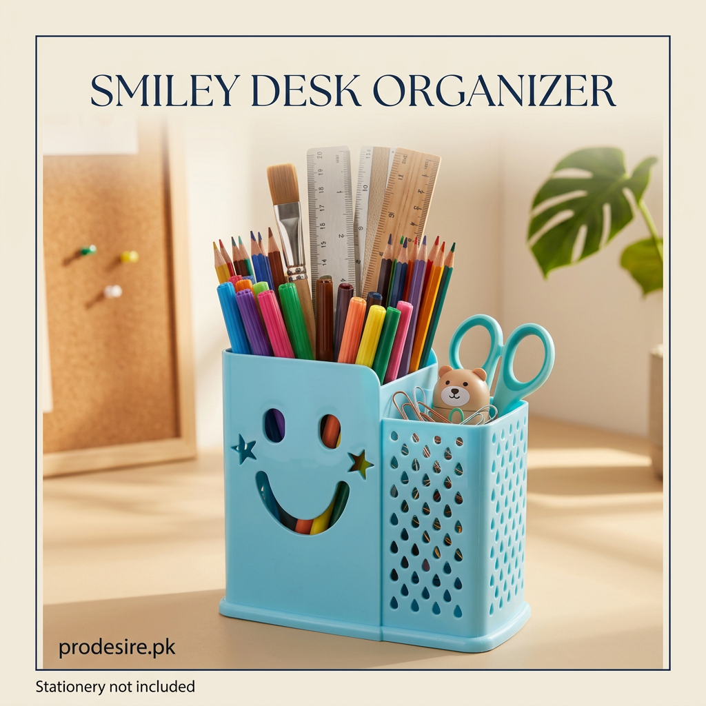 PRODESIRE turquoise smiley desk organizer with stationery on a cream study desk