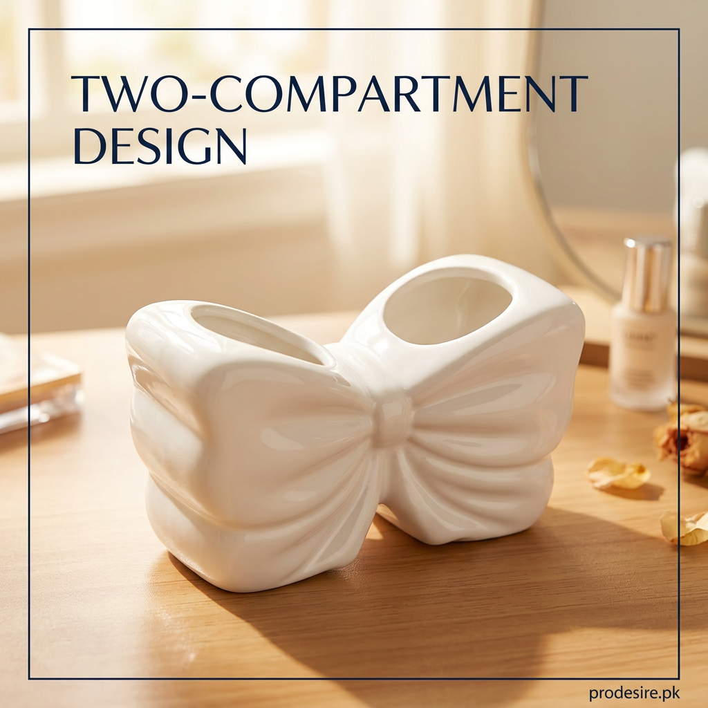 Angled close-up of ceramic bow holder pleated detailing and two compartments