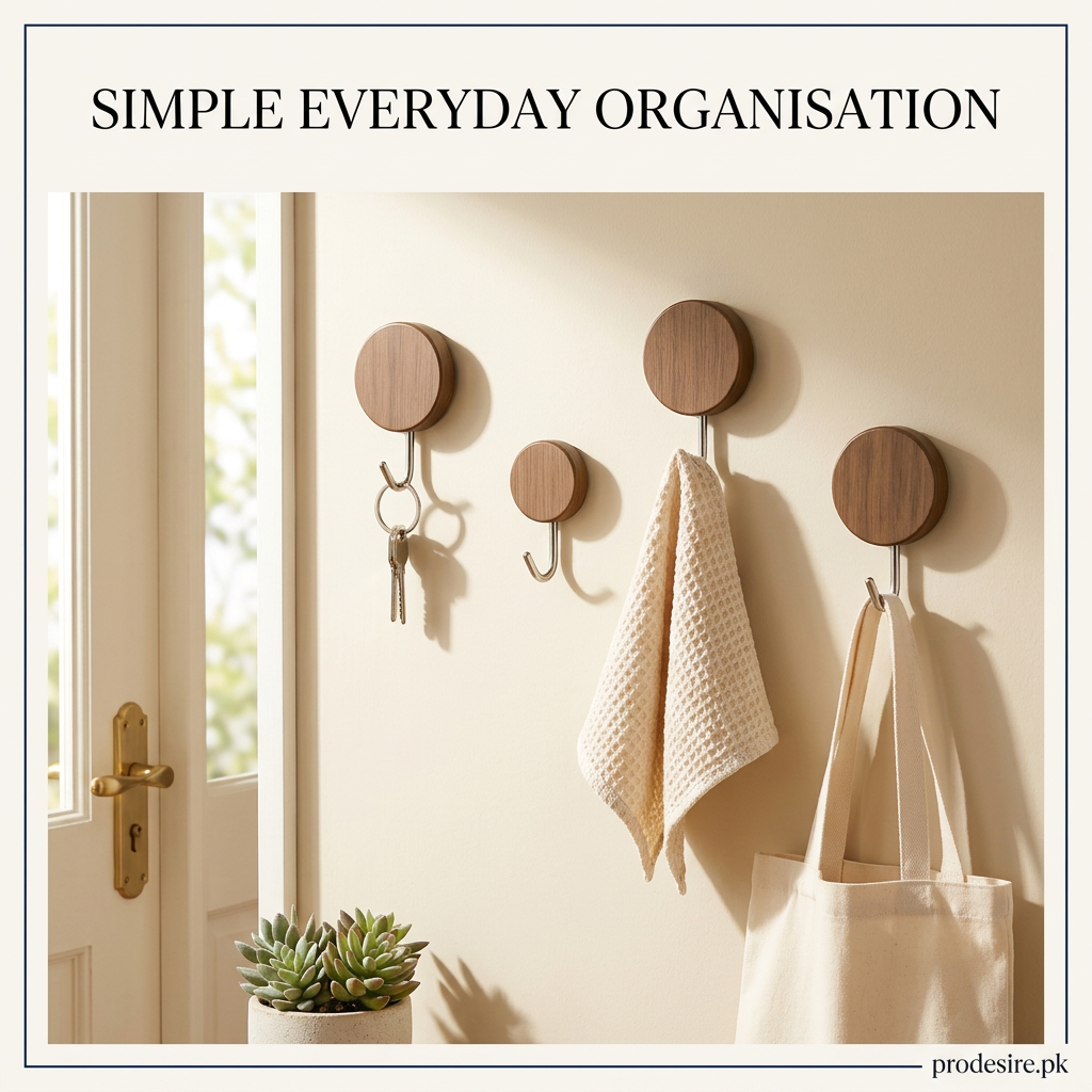 Wooden wall hooks holding keys a light towel and tote in a sunlit entryway