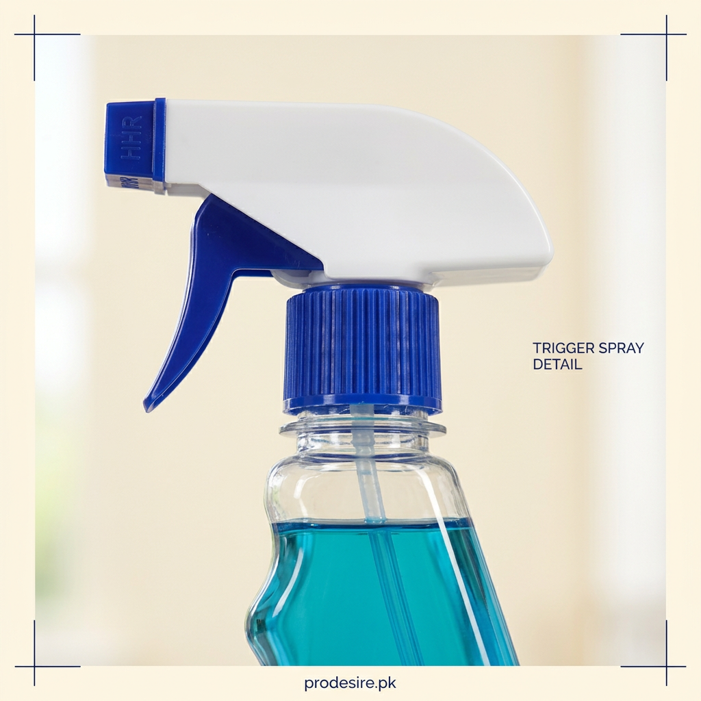 Close-up of Magic cleaner white spray head, blue trigger and bottle neck