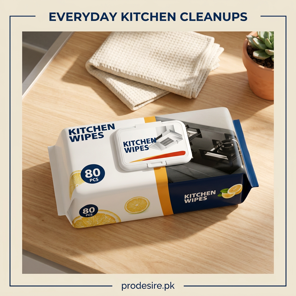Overhead view of kitchen cleaning wipes pack on a sunlit wooden counter