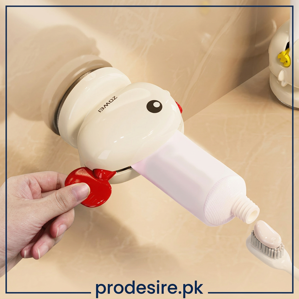 Hand turning a wall-mounted fish toothpaste squeezer to dispense paste onto a toothbrush
