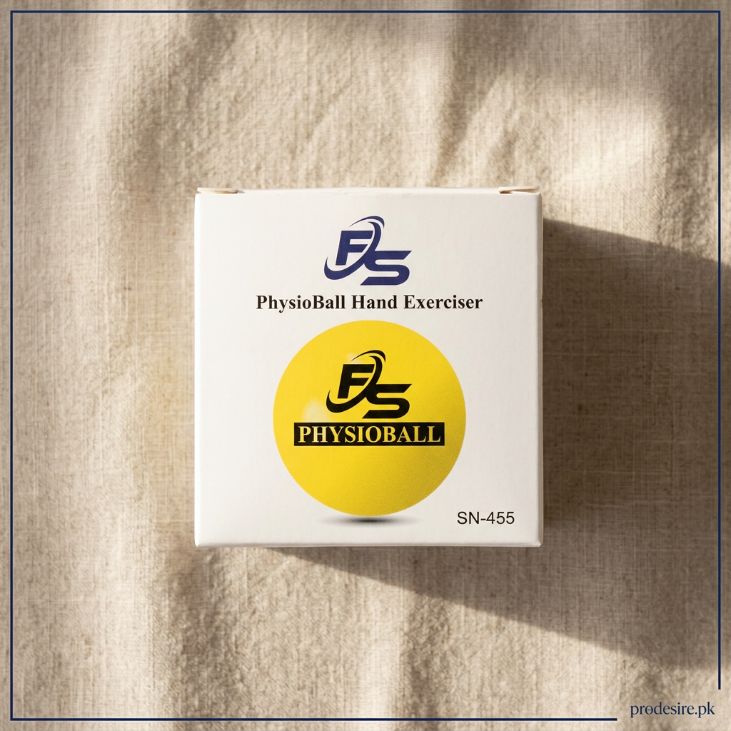 Overhead view of PhysioBall Hand Exerciser packaging on beige linen