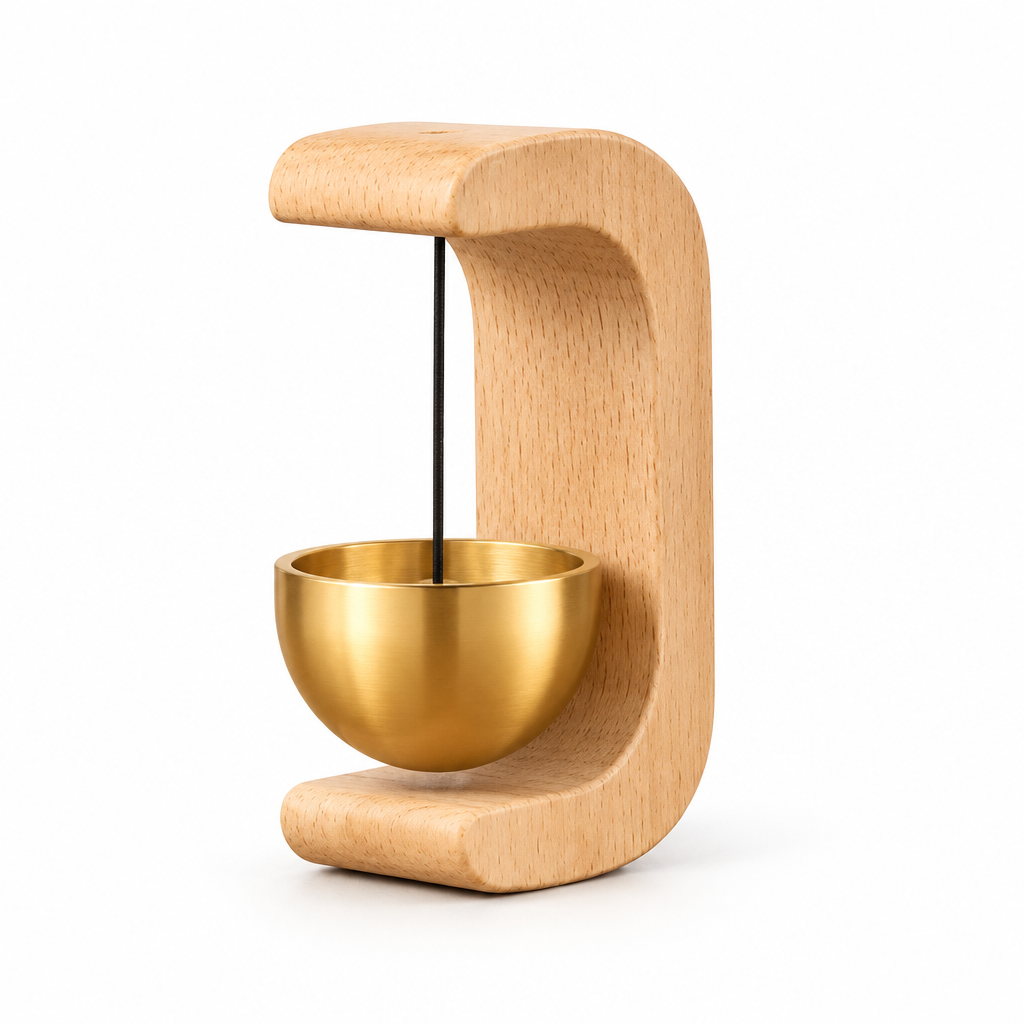 Mini wooden hanging bell on white studio background