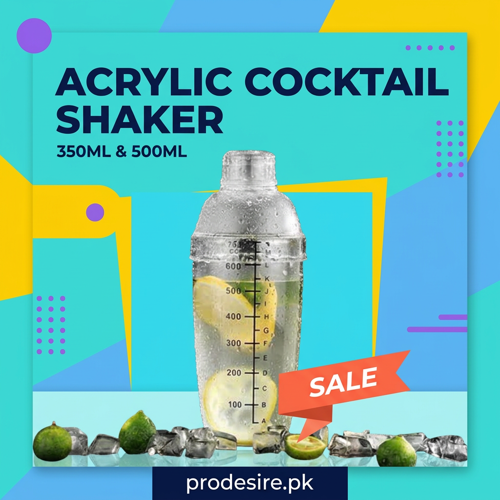 Acrylic Cocktail Shaker sale poster on turquoise geometric background