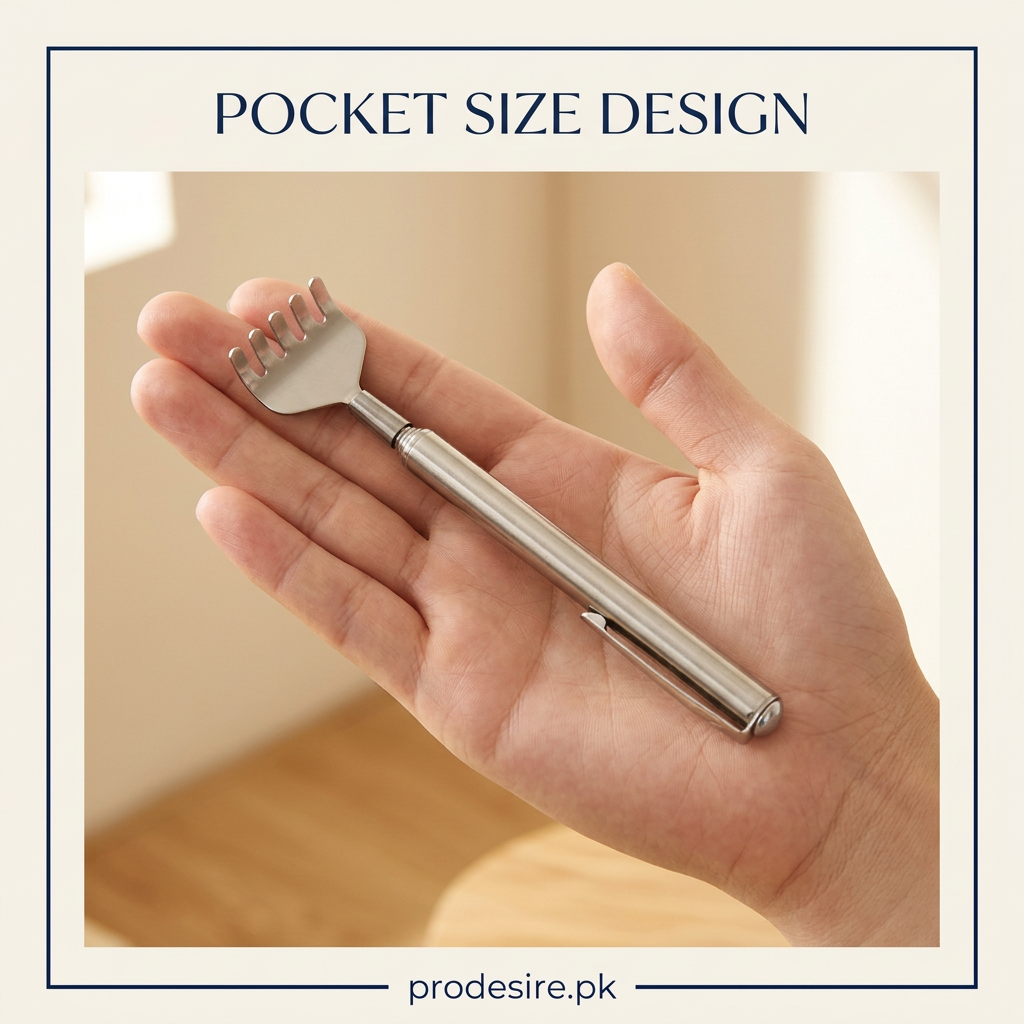 PRODESIRE back scratcher stick collapsed to pen size held in an open palm
