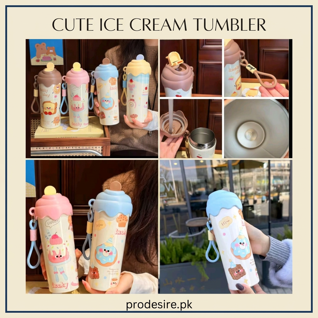 Cute ice cream tumbler collage showing pastel lids wrist loops and stainless steel interior