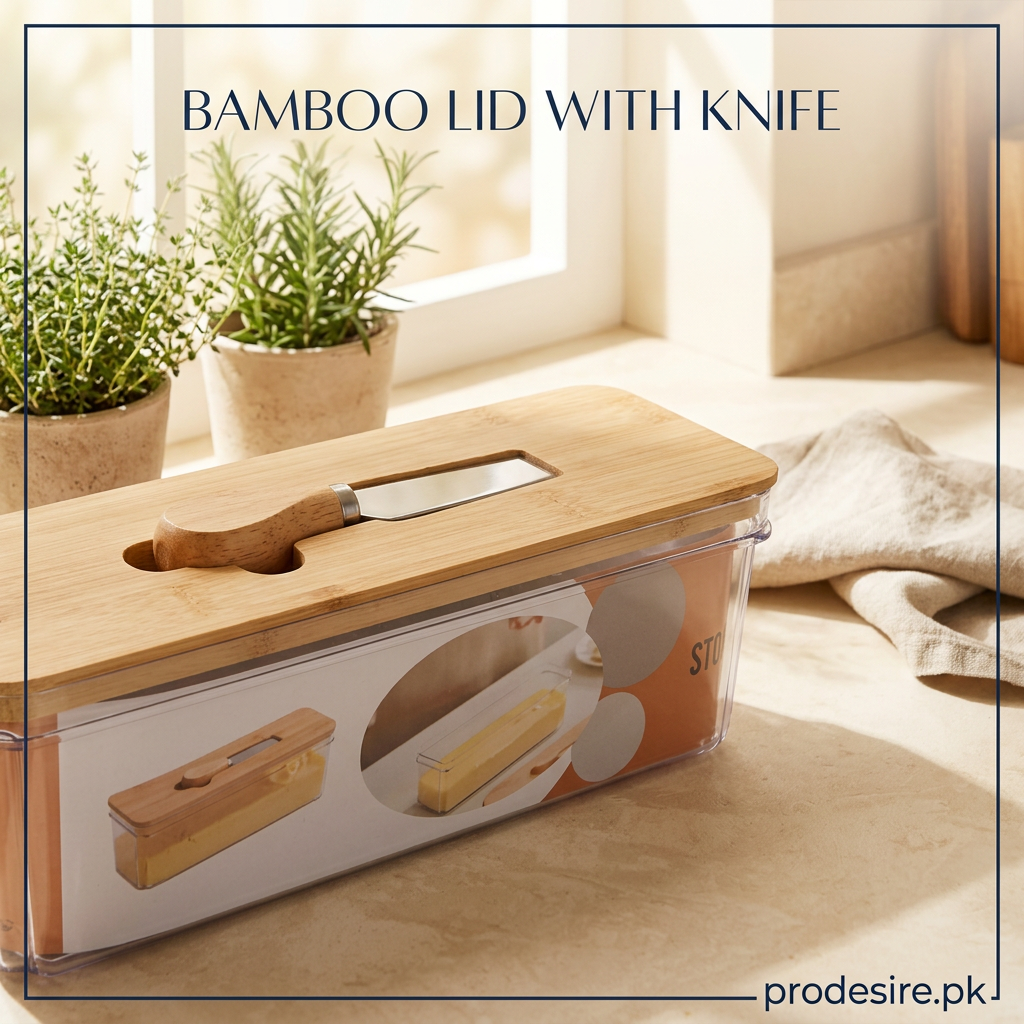 Close-up of the bamboo lid and wooden-handled cheese knife on the PRODESIRE cheese box