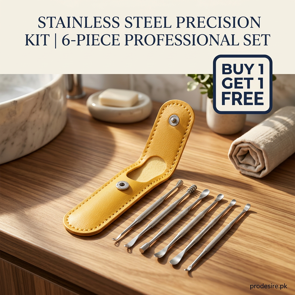 6 pieces ear cleaning kit with yellow case on a sunlit wooden bathroom counter, buy 1 get 1 free offer, prodesire.pk