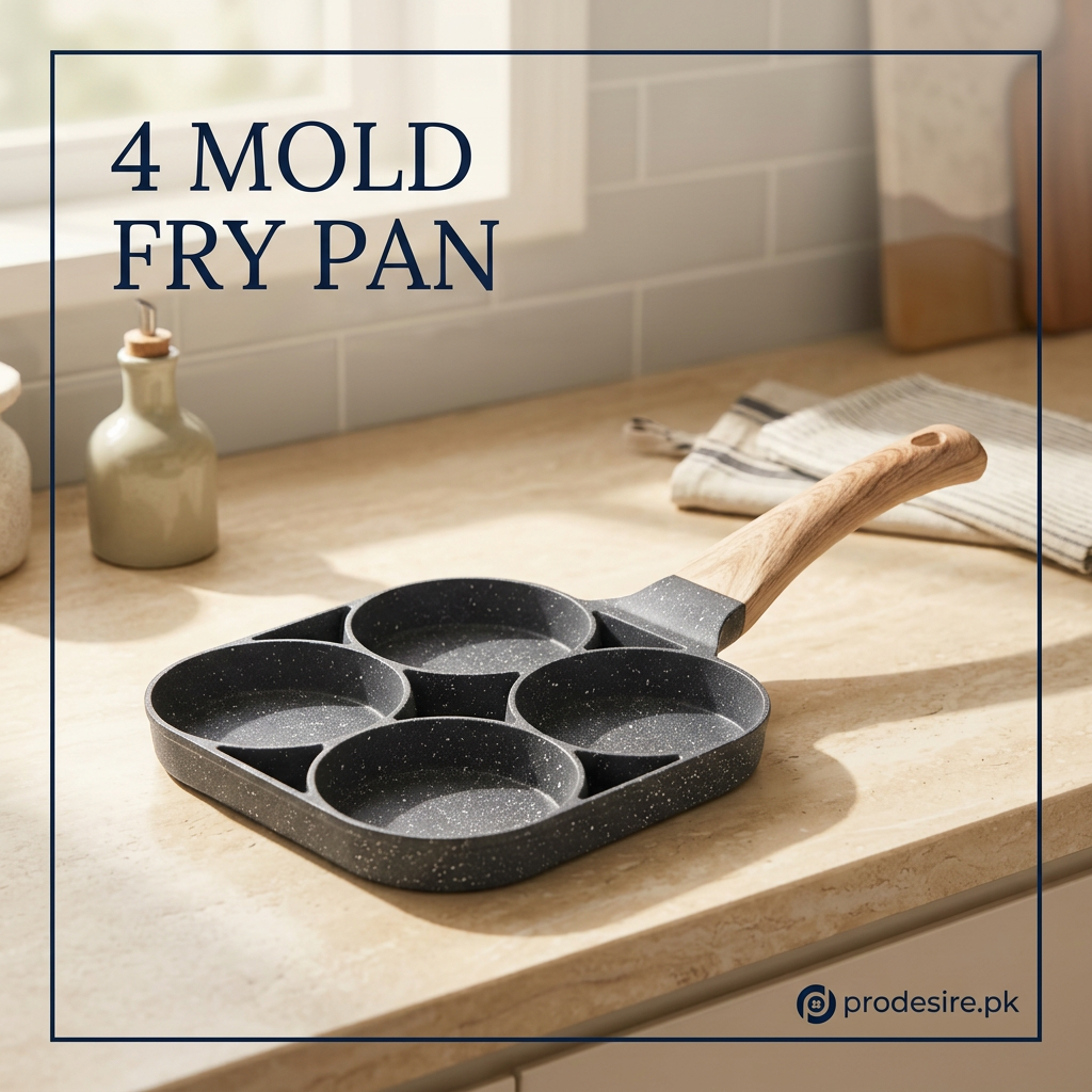 PRODESIRE four mold non-stick marble-look frying pan, front angled view in a cream kitchen