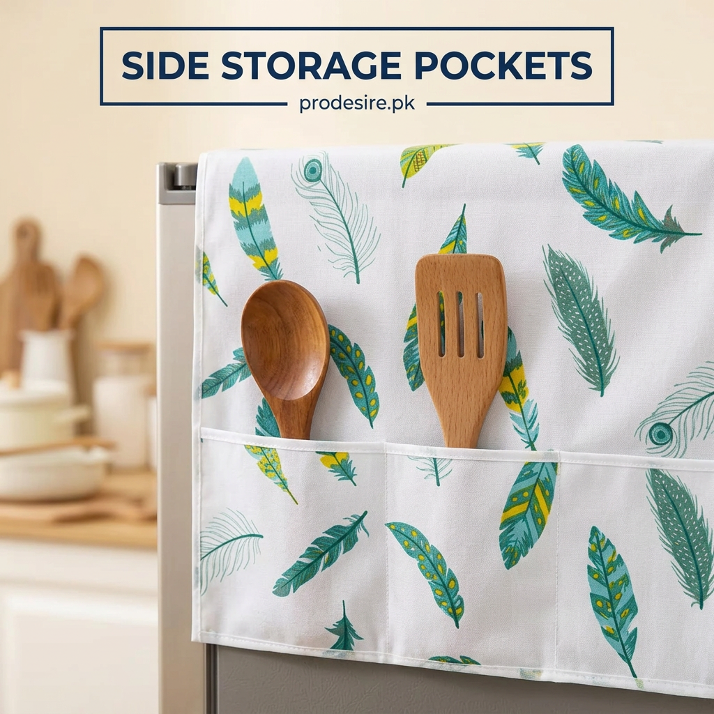 Close-up of feather-print refrigerator cover side storage pockets