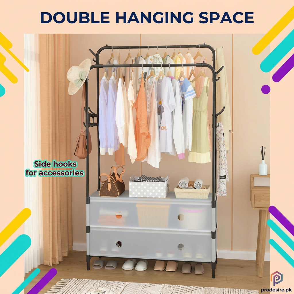 Front view of double pole clothing rack