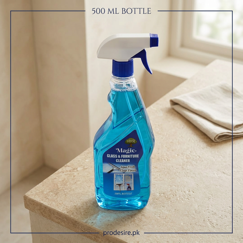 Elevated angled view of Magic Glass and Furniture Cleaner 500 ml bottle