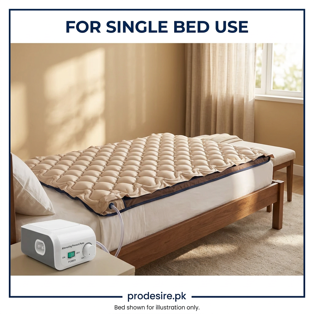 Beige bubble mattress overlay and pump displayed on a single bed in a home setting