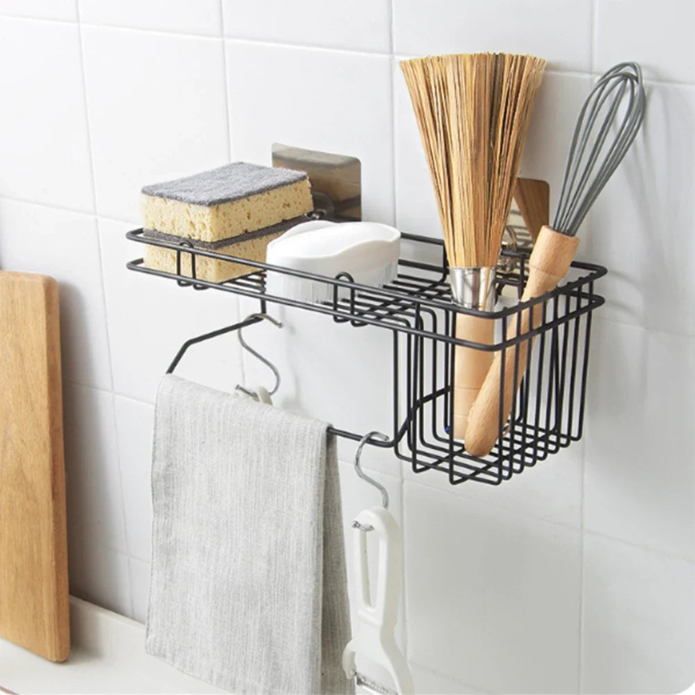 BATHROOM/KITCHEN SINK SHELF – WALL-MOUNT WITH HOOKS