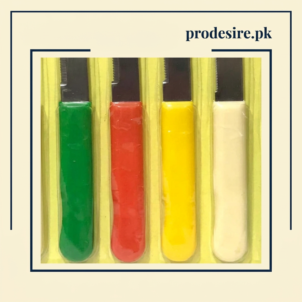 Detail crop of green red yellow and ivory knife handles in the 12-piece pack