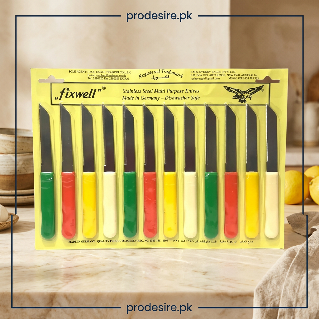 Fixwell twelve-piece multipurpose knife pack displayed on a cream kitchen counter