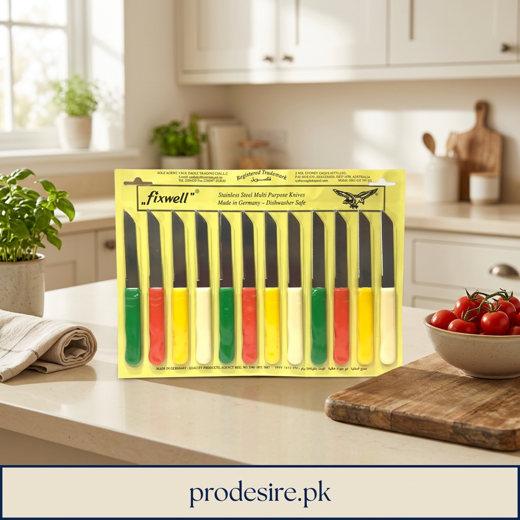 Twelve-piece kitchen knife retail pack beside a cutting board and bowl of tomatoes
