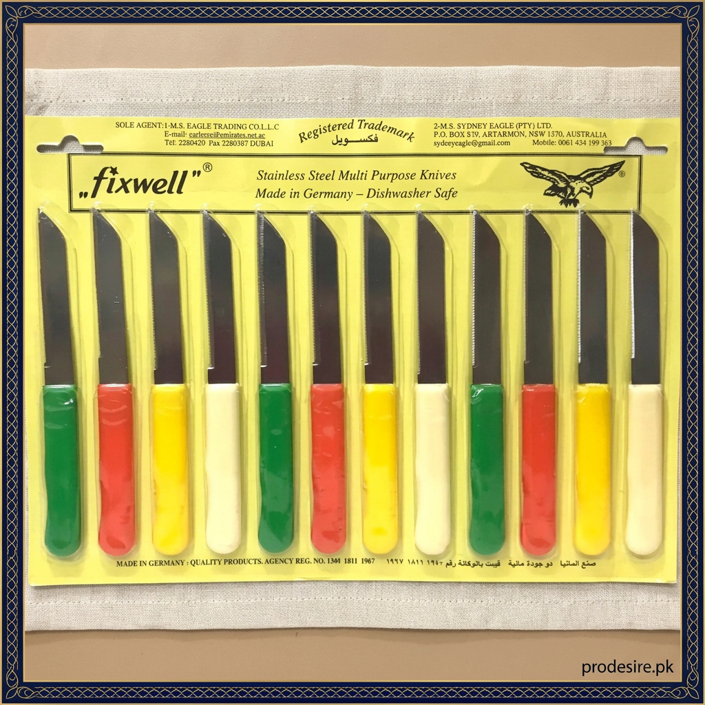 Overhead view of twelve multipurpose knives in their yellow display pack