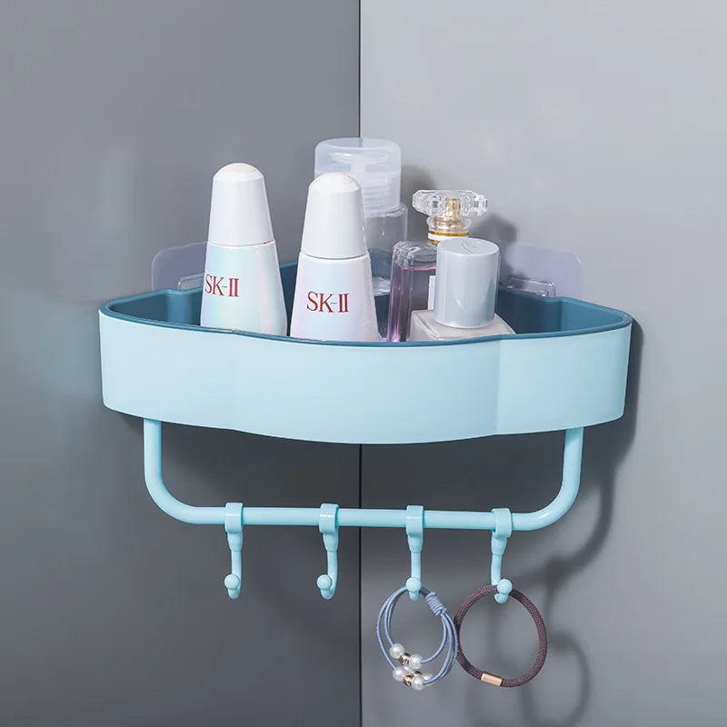 WALL-MOUNTED BATHROOM CORNER RACK WITH HOOKS