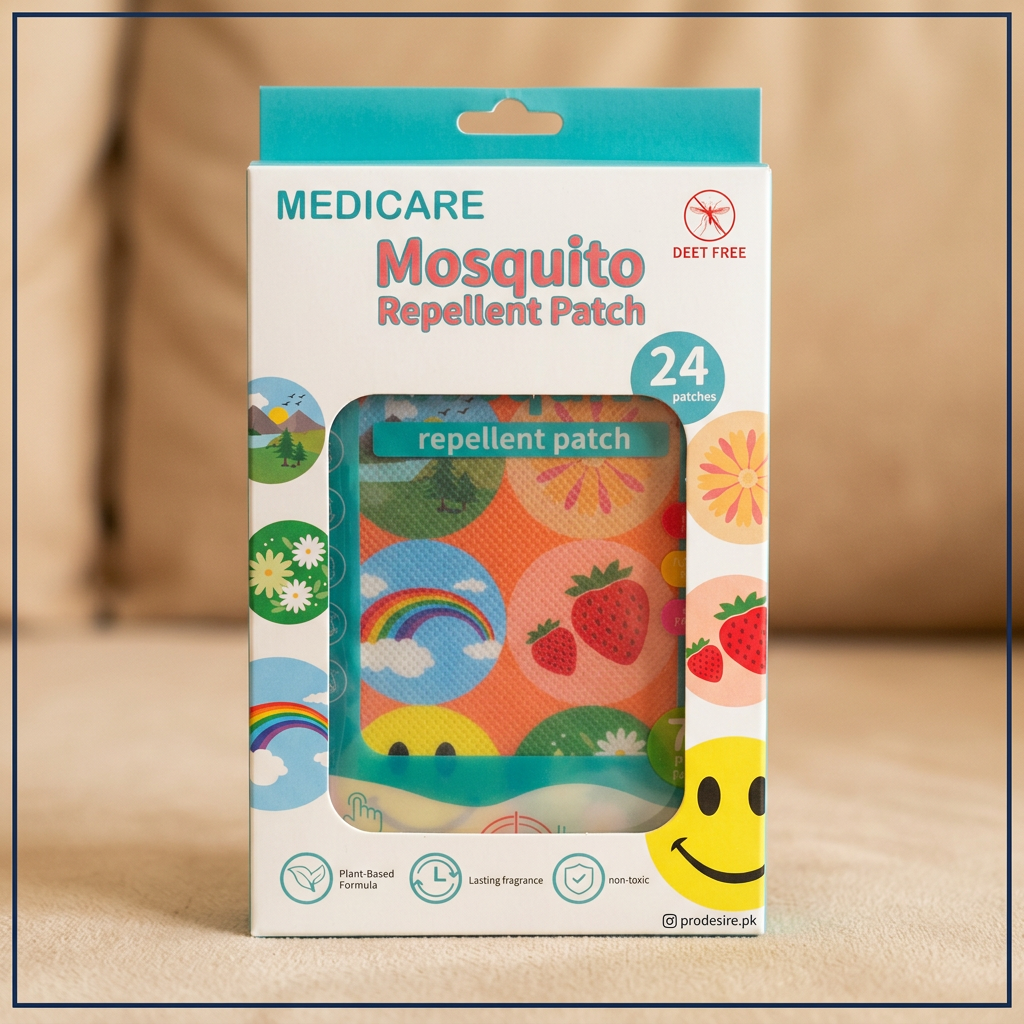Close-up of MEDICARE mosquito repellent patch packaging and colorful designs