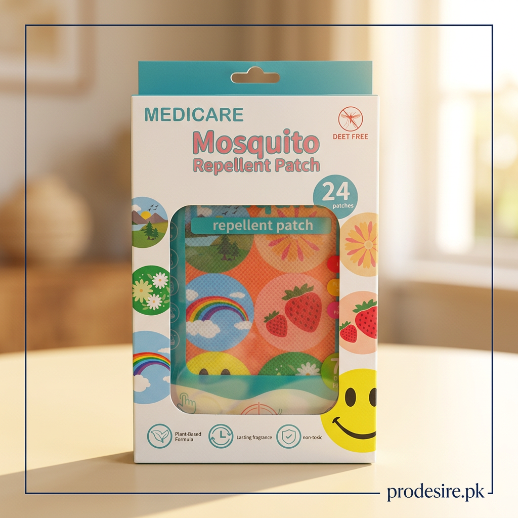 MEDICARE mosquito repellent patches 24-pack on a sunlit cream tabletop