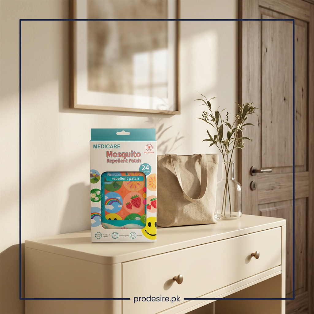 MEDICARE mosquito repellent patch box on a home console beside a canvas bag