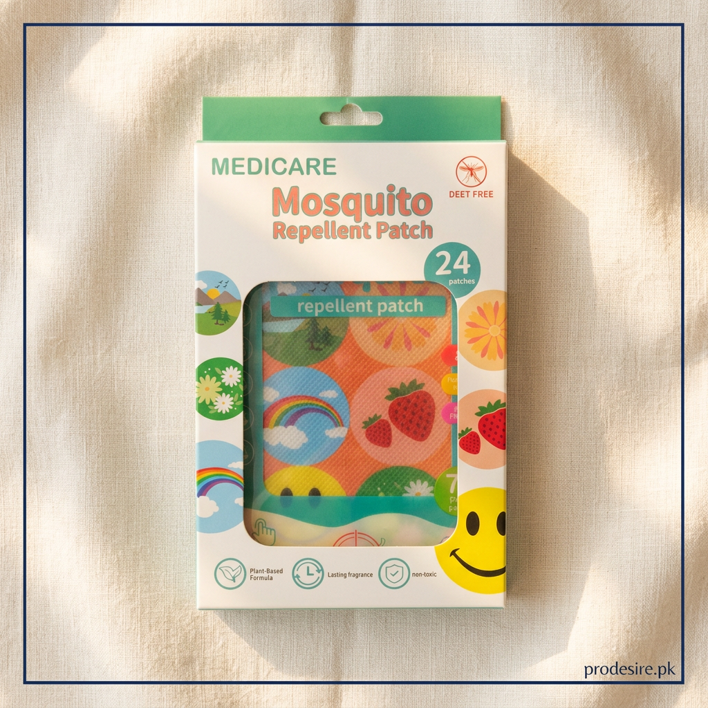 Overhead view of MEDICARE mosquito repellent patch box on cream linen