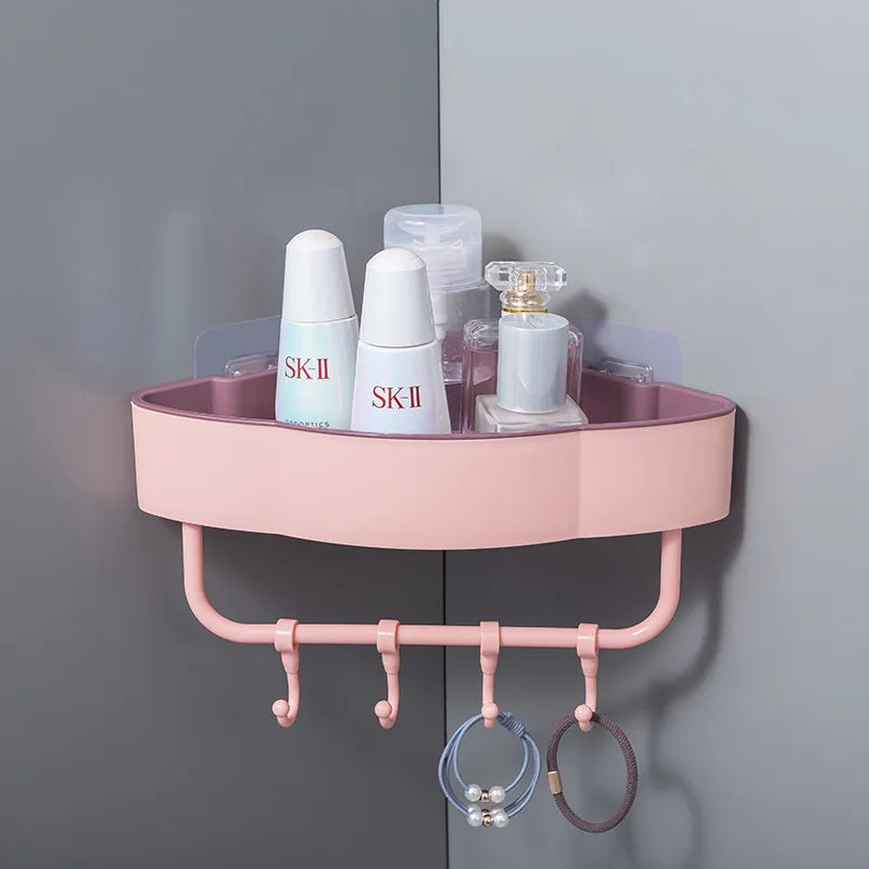 WALL-MOUNTED BATHROOM CORNER RACK WITH HOOKS