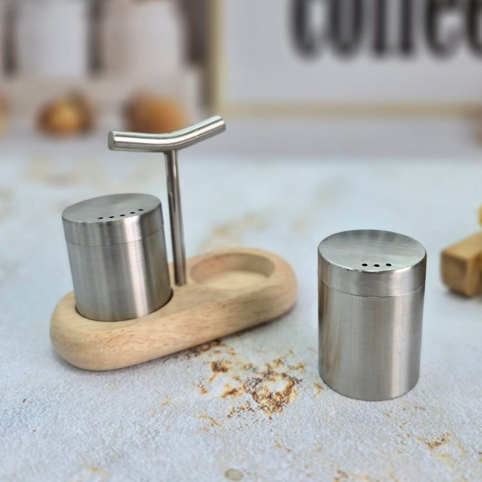 STAINLESS STEEL WOODEN BASE SEASONING SET SALT & PEPPER SHAKKER SET