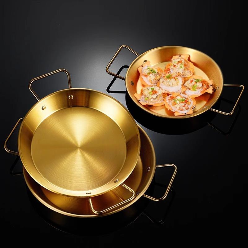 STAINLESS STEEL GOLDEN SERVING TRAY ROUND SPANISH SEAFOOD COOKING PAN