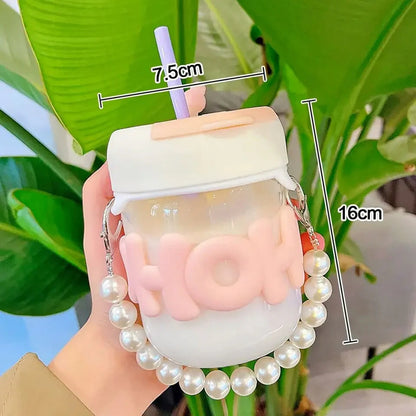 AESTHETIC GLASS CUP STRAW TUMBLER GLASS DRINKING BOTTLE