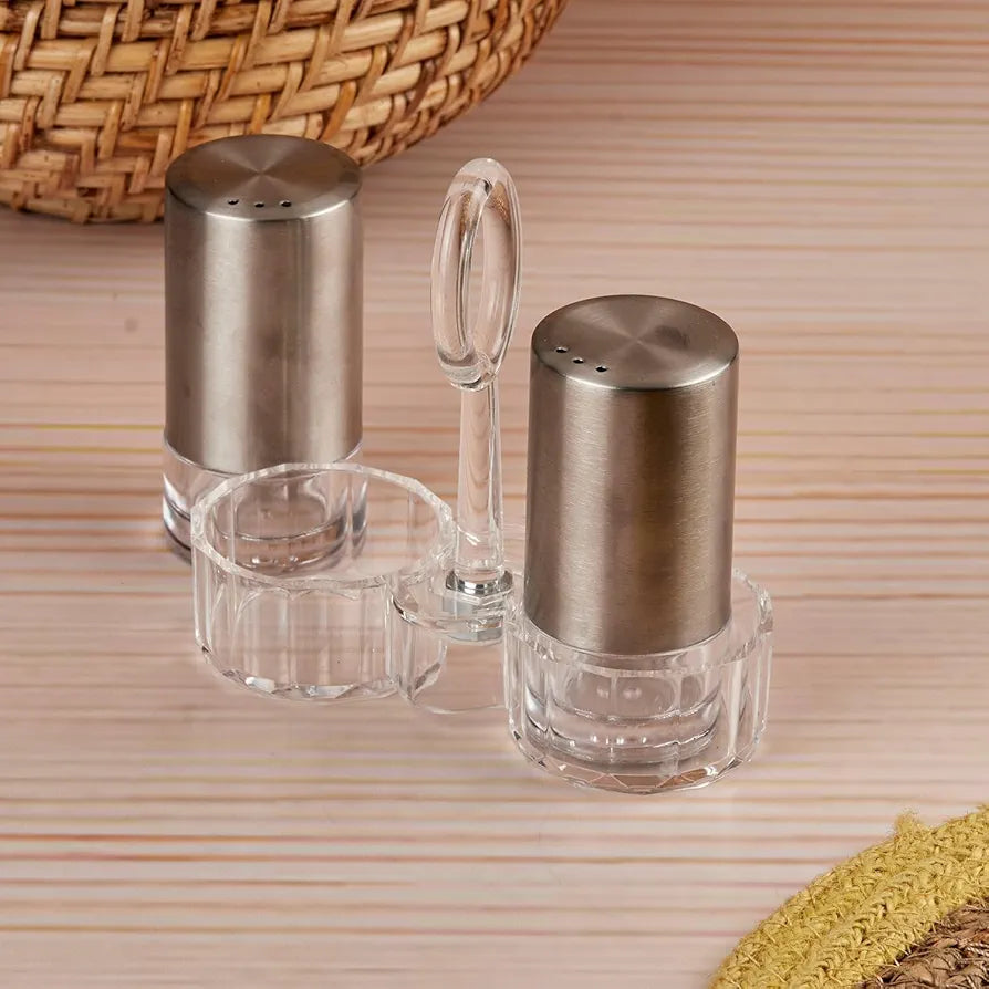 LUXURY STAINLESS STEEL SALT & PEPPER SHAKER SET WITH ACRYLIC HOLDER