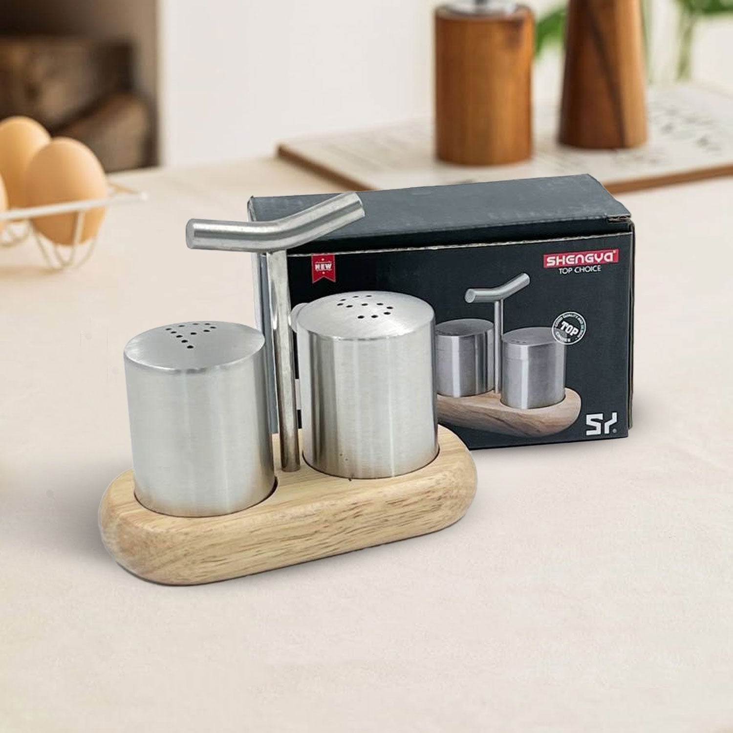 STAINLESS STEEL WOODEN BASE SEASONING SET SALT & PEPPER SHAKKER SET