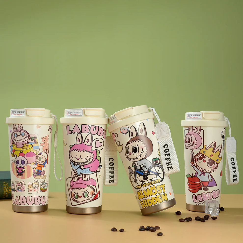 LABUBU CUTE CARTOON COFFEE THERMOS LEAKPROOF PORTABLE TRAVEL MUG WITH LID ✅