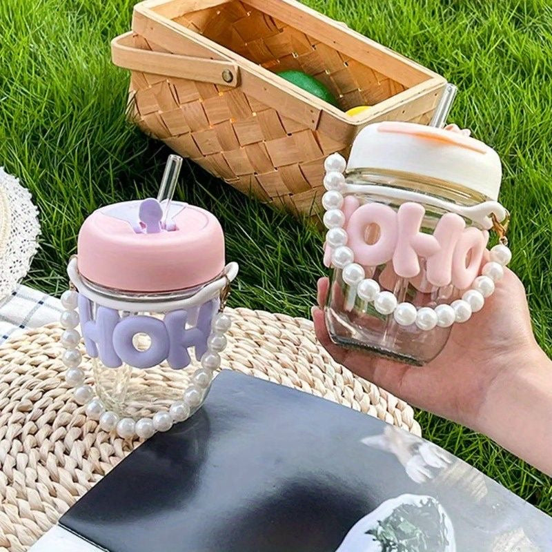 AESTHETIC GLASS CUP STRAW TUMBLER GLASS DRINKING BOTTLE
