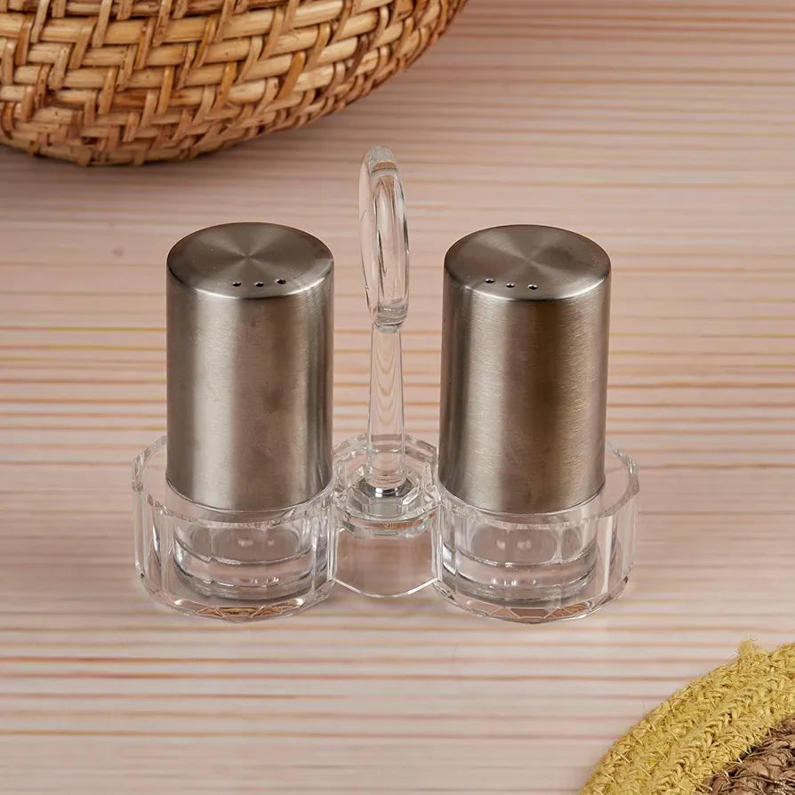 LUXURY STAINLESS STEEL SALT & PEPPER SHAKER SET WITH ACRYLIC HOLDER