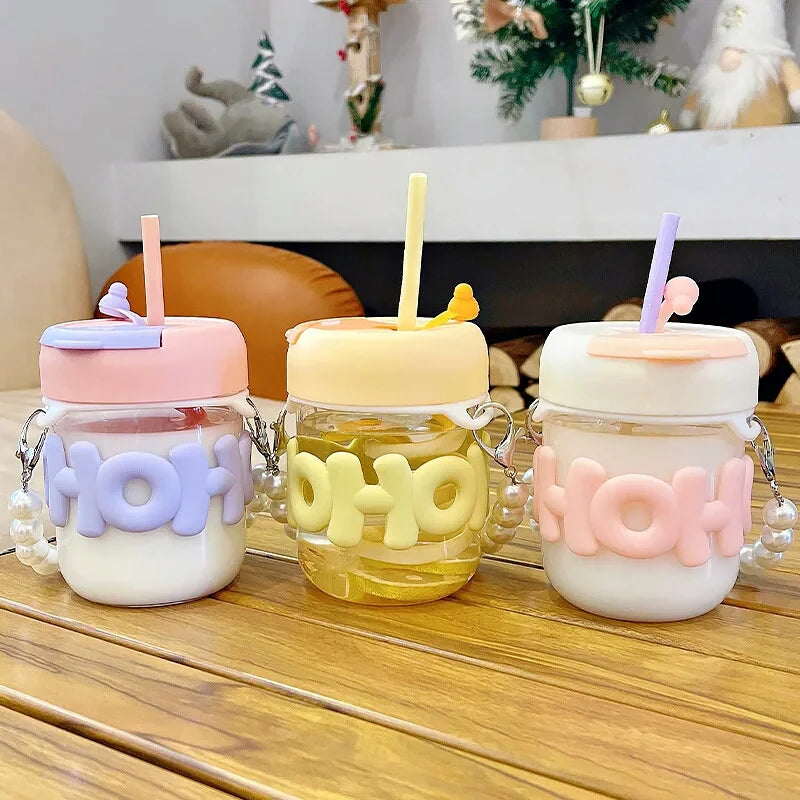 AESTHETIC GLASS CUP STRAW TUMBLER GLASS DRINKING BOTTLE