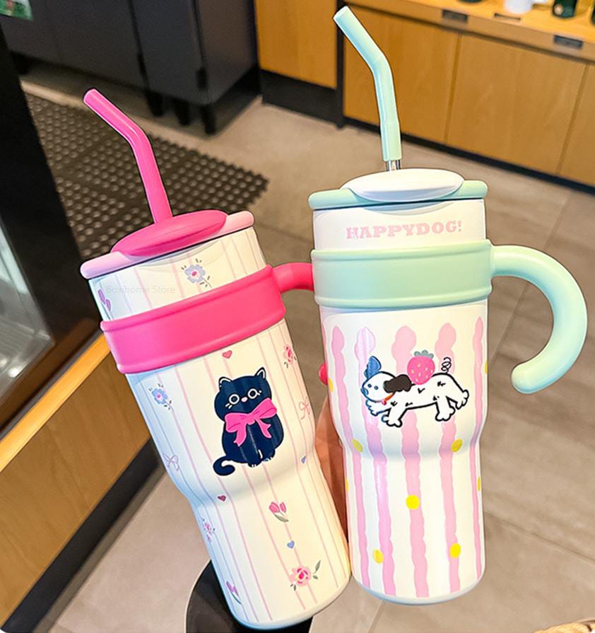 CUTE CARTOON ANIMAL TUMBLER WITH STRAW