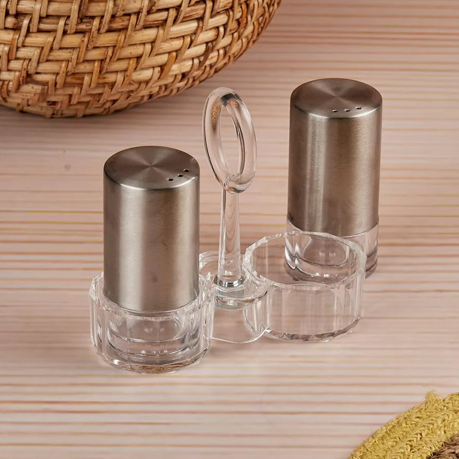 LUXURY STAINLESS STEEL SALT & PEPPER SHAKER SET WITH ACRYLIC HOLDER