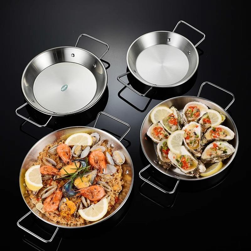 STAINLESS STEEL GOLDEN SERVING TRAY ROUND SPANISH SEAFOOD COOKING PAN