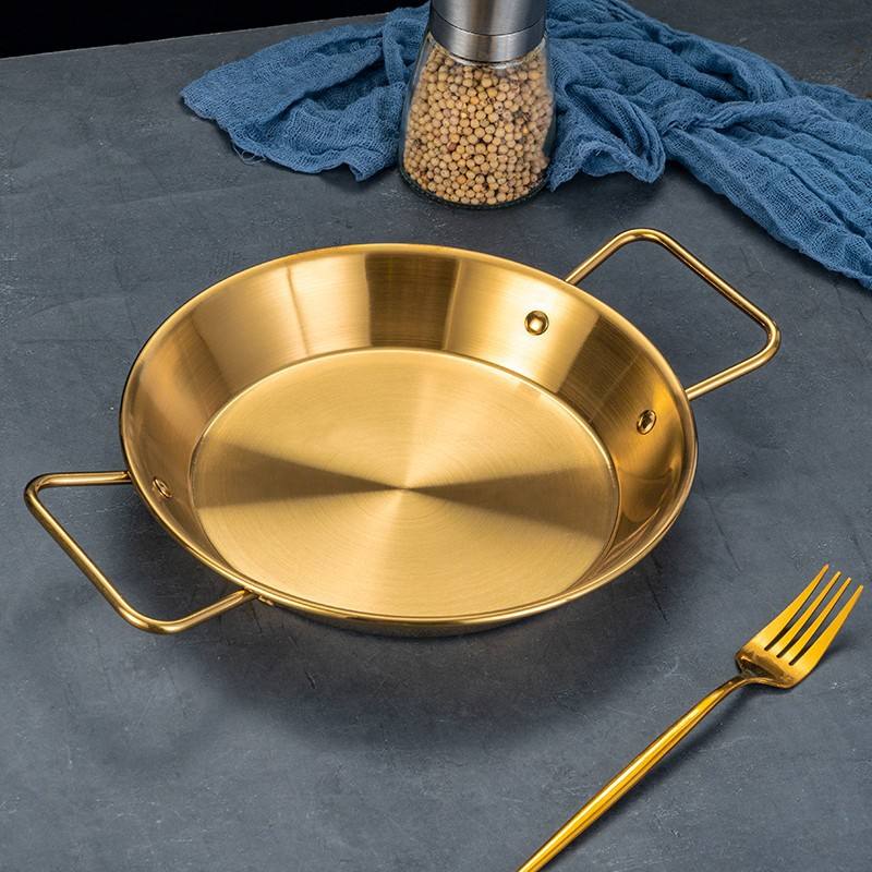STAINLESS STEEL GOLDEN SERVING TRAY ROUND SPANISH SEAFOOD COOKING PAN
